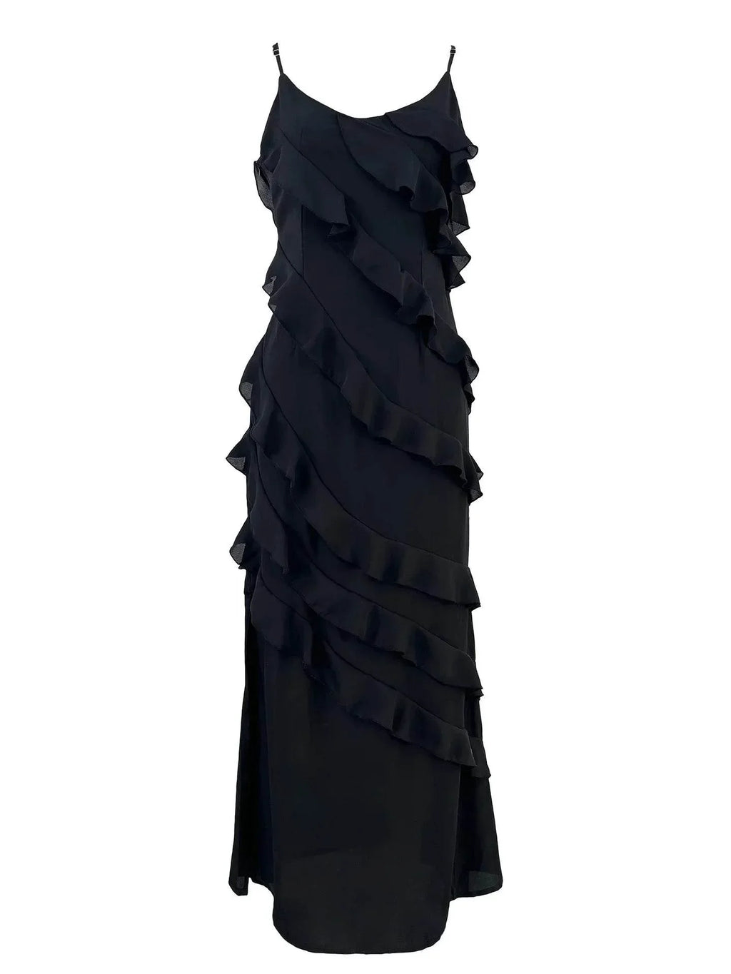 Chiffon V-Neck Long Suspender Dress with Ruffle Detail - ZA-Zola