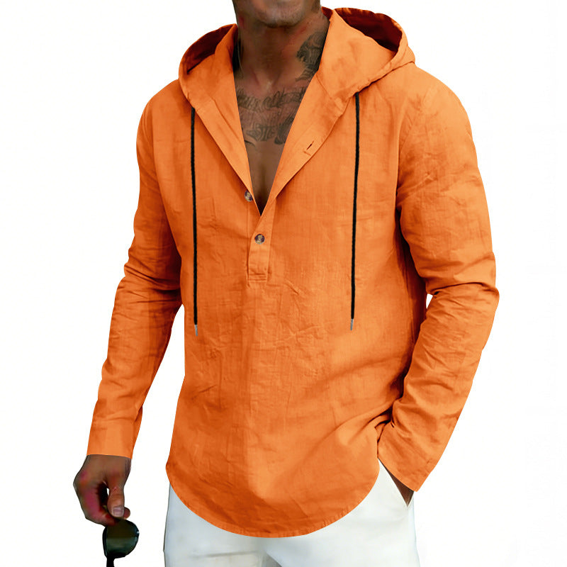 Orange hooded shirt worn by a person on a white background