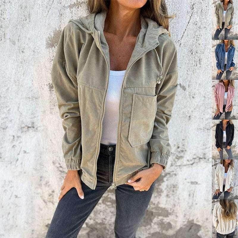 Women's Corduroy Hooded Zip-Up Jacket - ZA-Zola