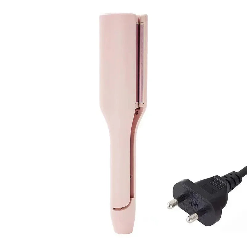 Pink electric hair straightener with dual prong plug on white background