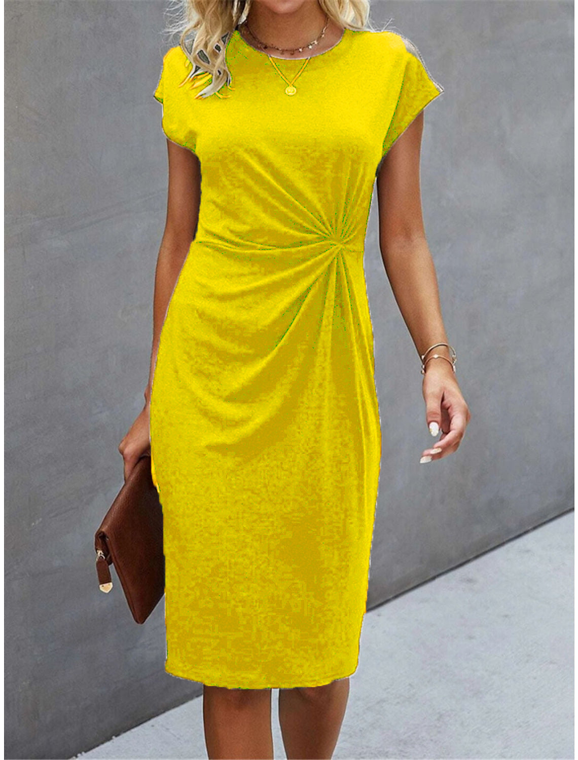 Women's Casual Front Knot Round Neck Midi Bodycon Dress