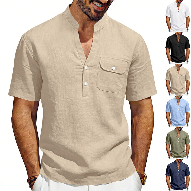Man wearing a beige short-sleeve shirt with multiple color options displayed.