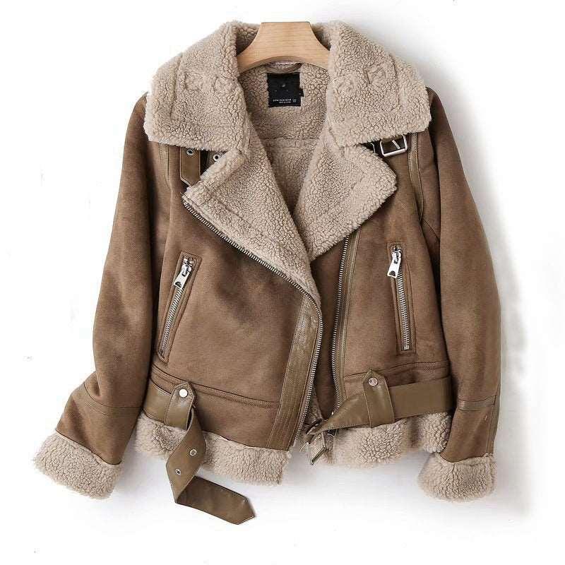 Winter Lapel Suede Jacket for Women – Warm Lamb Wool Motorcycle Coat - ZA-Zola