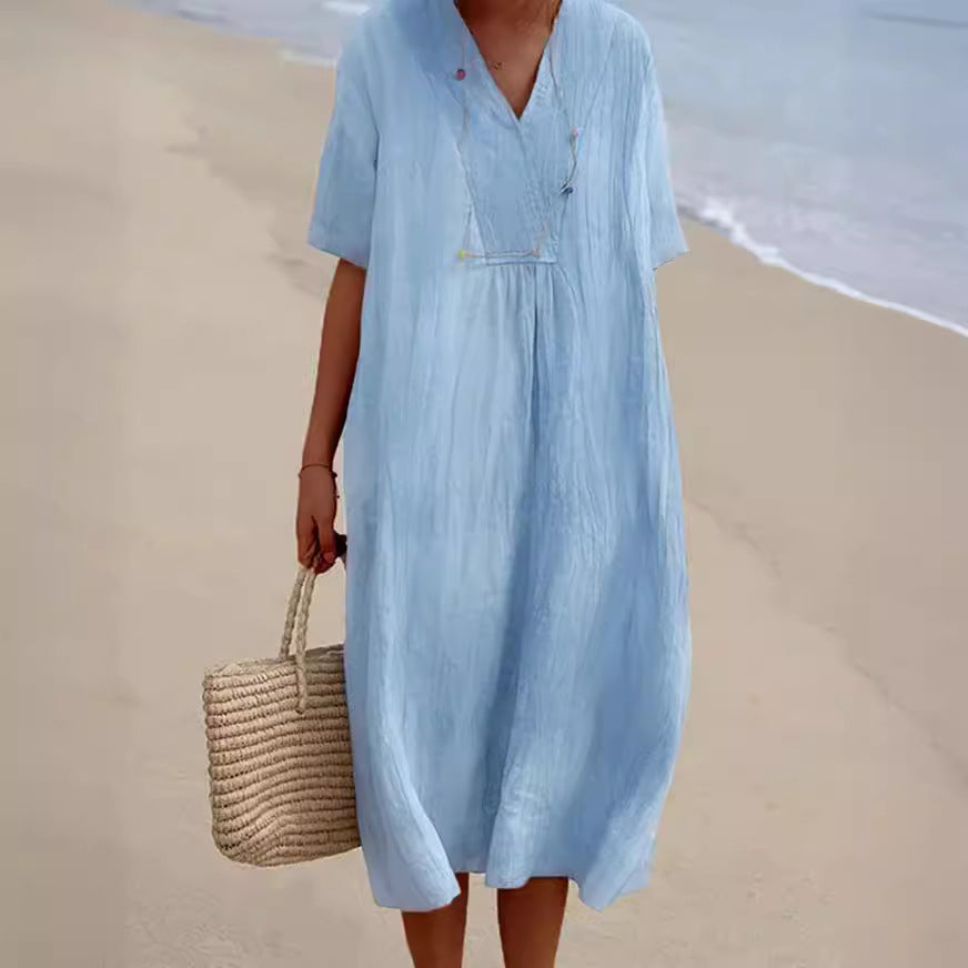 Women Cotton Linen V Neck Solid Color Long Dress Casual Summer Fashion Dress