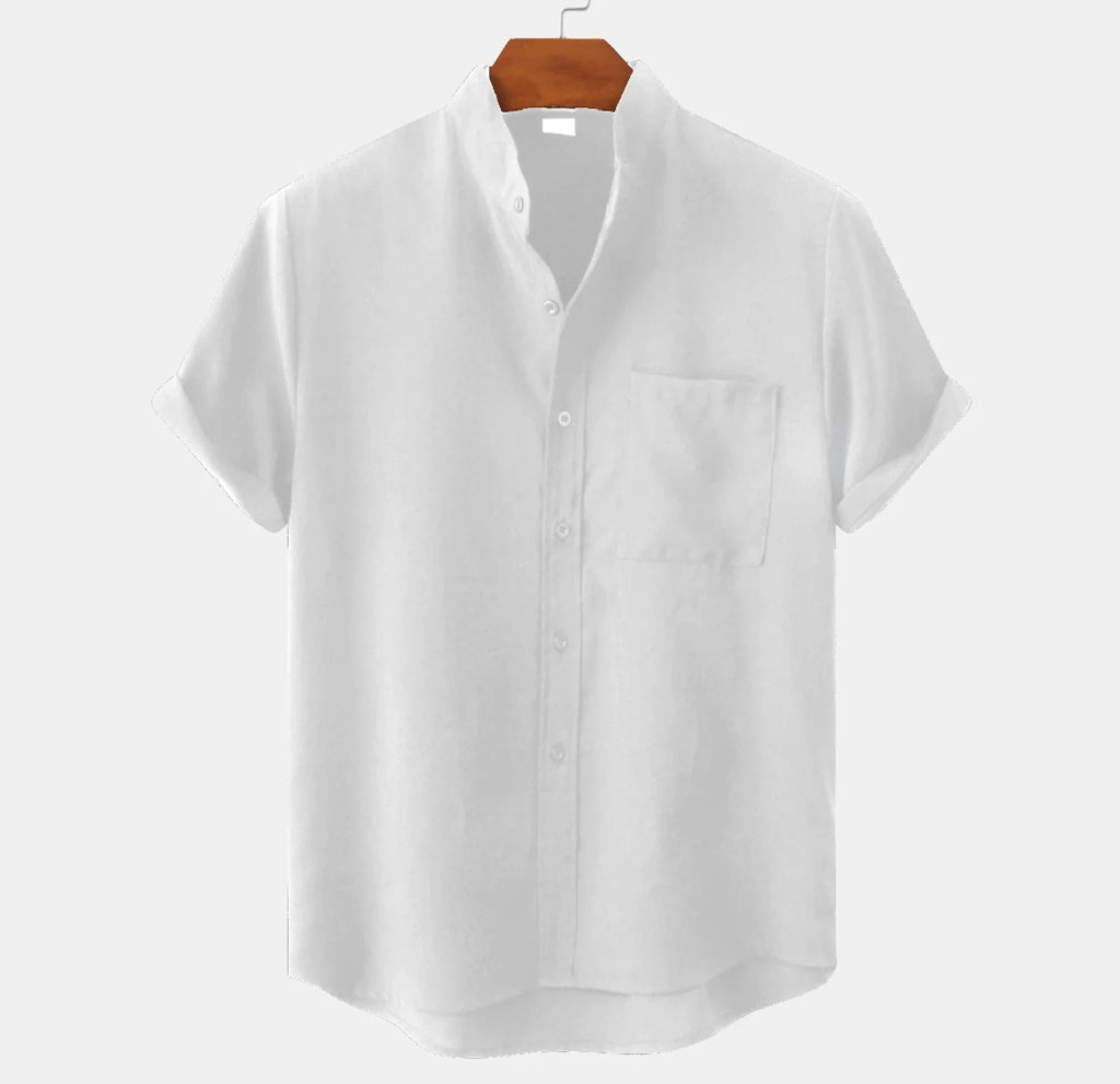 White short-sleeve shirt on a wooden hanger against a white background