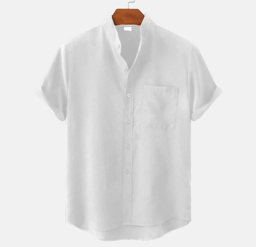 White short-sleeve shirt on a wooden hanger against a white background