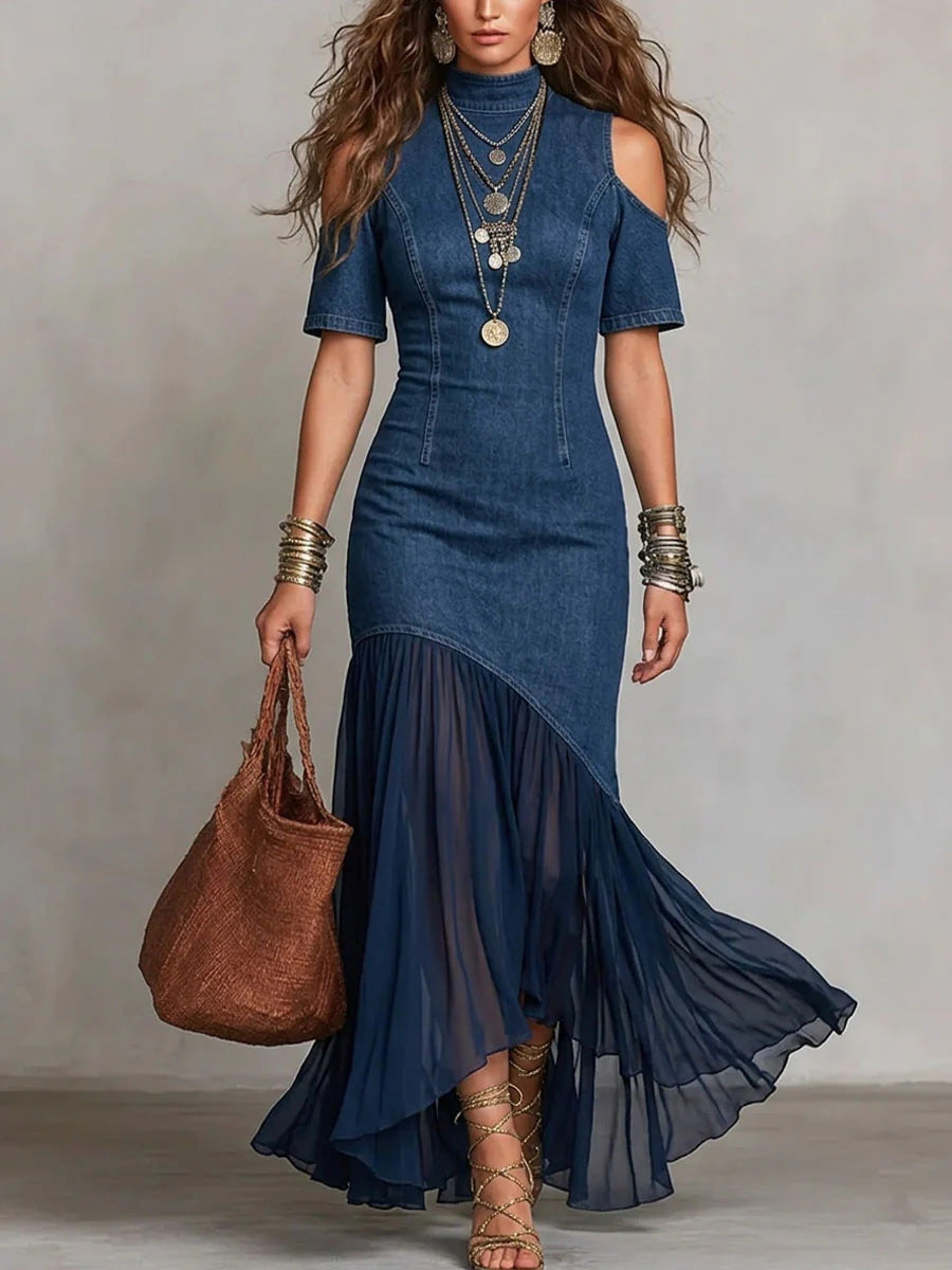 Off Shoulder Mesh Hem Dress Colors Dark Blue Blue Black Women