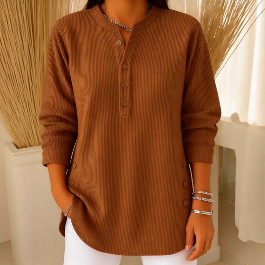 V-Neck Button Sweater Top | Women's Long-Sleeved Blouse