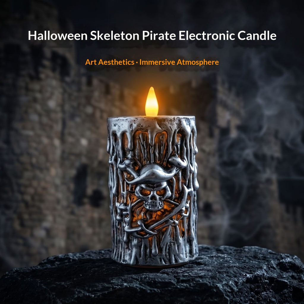 A Halloween-themed electronic candle shaped like a silver pirate skeleton with a glowing flame, displayed on a dark rock against a smoky, atmospheric background. Text at the top reads 'Halloween Skeleton Pirate Electronic Candle' and 'Art Aesthetics - Immersive Atmosphere'.