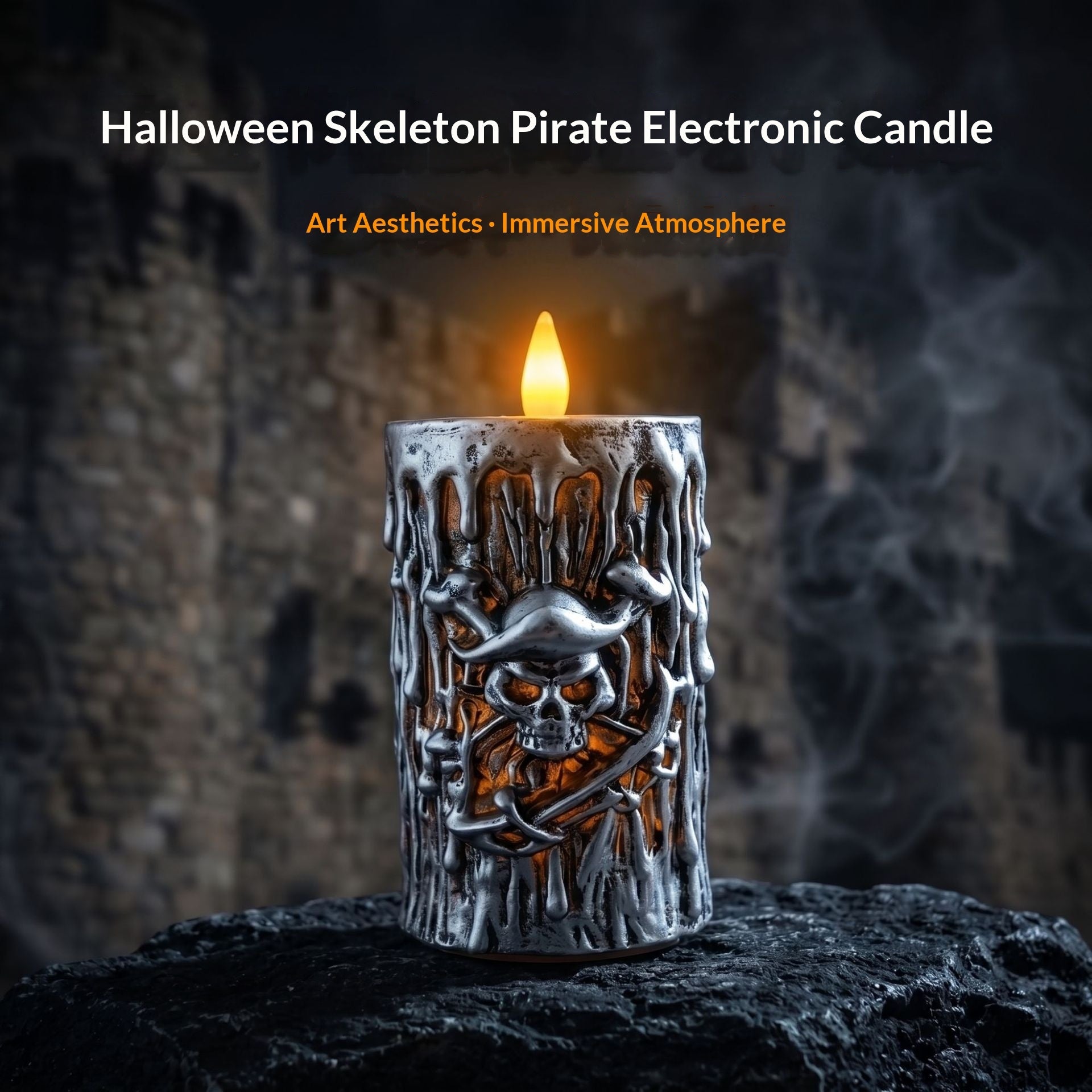 A Halloween-themed electronic candle shaped like a silver pirate skeleton with a glowing flame, displayed on a dark rock against a smoky, atmospheric background. Text at the top reads 'Halloween Skeleton Pirate Electronic Candle' and 'Art Aesthetics - Immersive Atmosphere'.