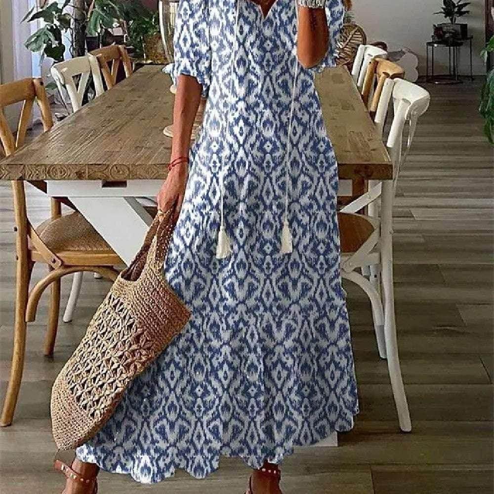 Floral V-Neck Long Dress – Elegant & Flowy Fit - ZA-Zola
