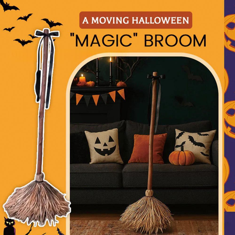 A promotional graphic for a Halloween-themed broom. On the left is a large illustrated view of a straw-colored broom with black and white ribbon accents.
