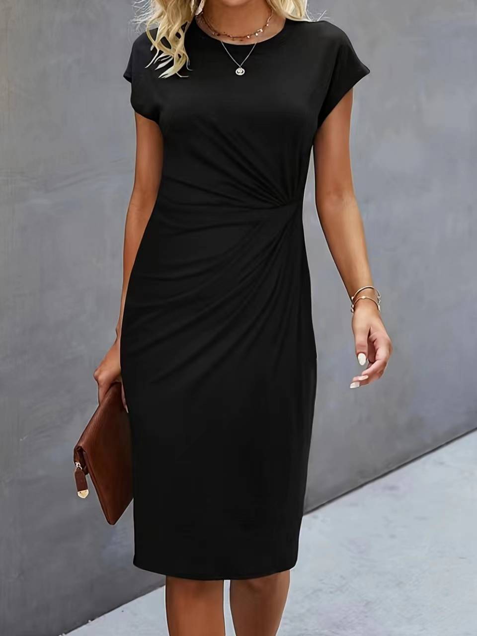 Women's Casual Front Knot Round Neck Midi Bodycon Dress