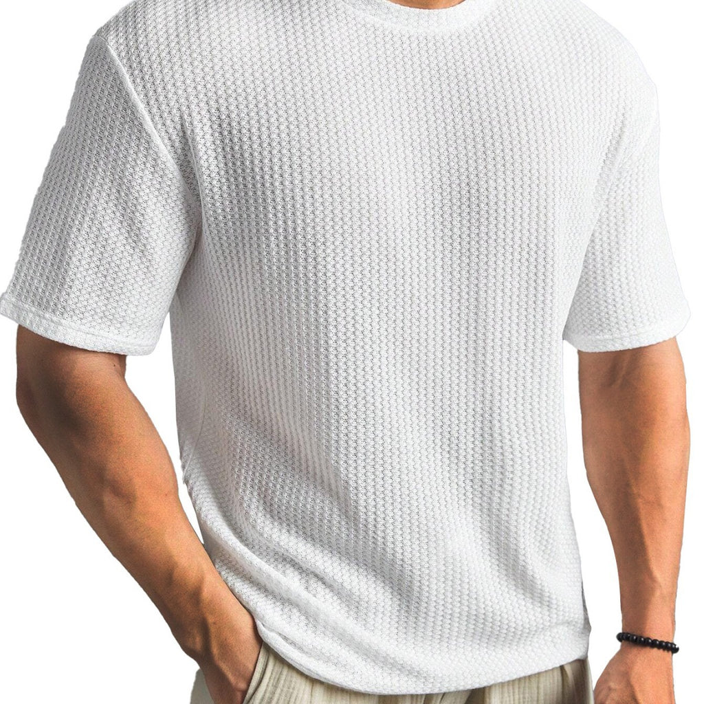 White textured t-shirt worn by a person on a white background