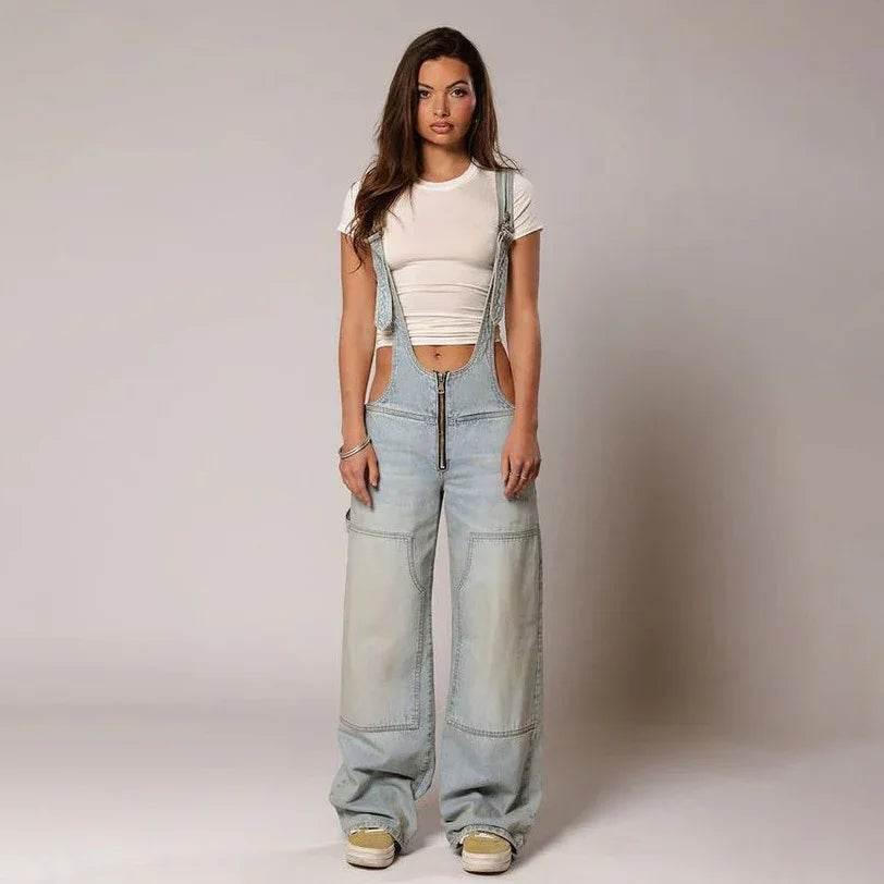 Y2K Zipper Denim Overalls – Wide Leg Street Style - ZA-Zola