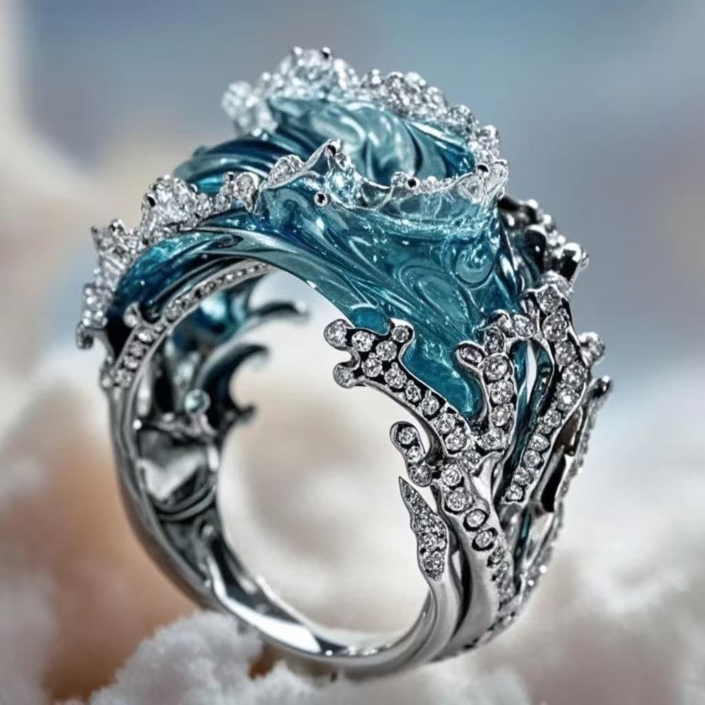 Elegant ring with blue gemstone and silver detailing on a soft white background