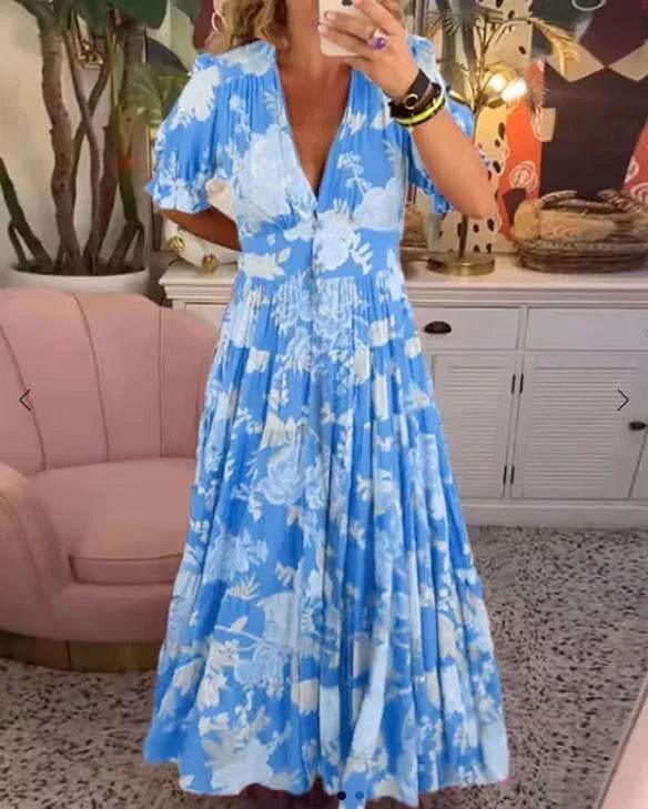 Printed V-Neck Maxi Dress – Flowy & Fresh - ZA-Zola