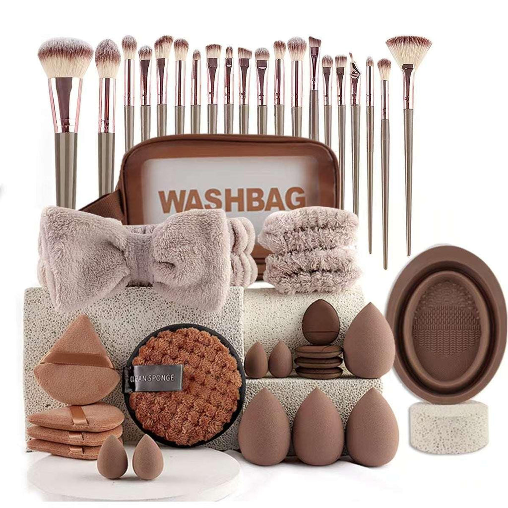 Makeup brush set with sponges, applicators, washbag, headband, and accessories for beauty routine