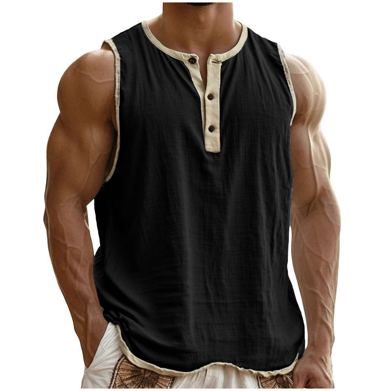 Black sleeveless shirt with beige trim worn by a muscular person on a white background