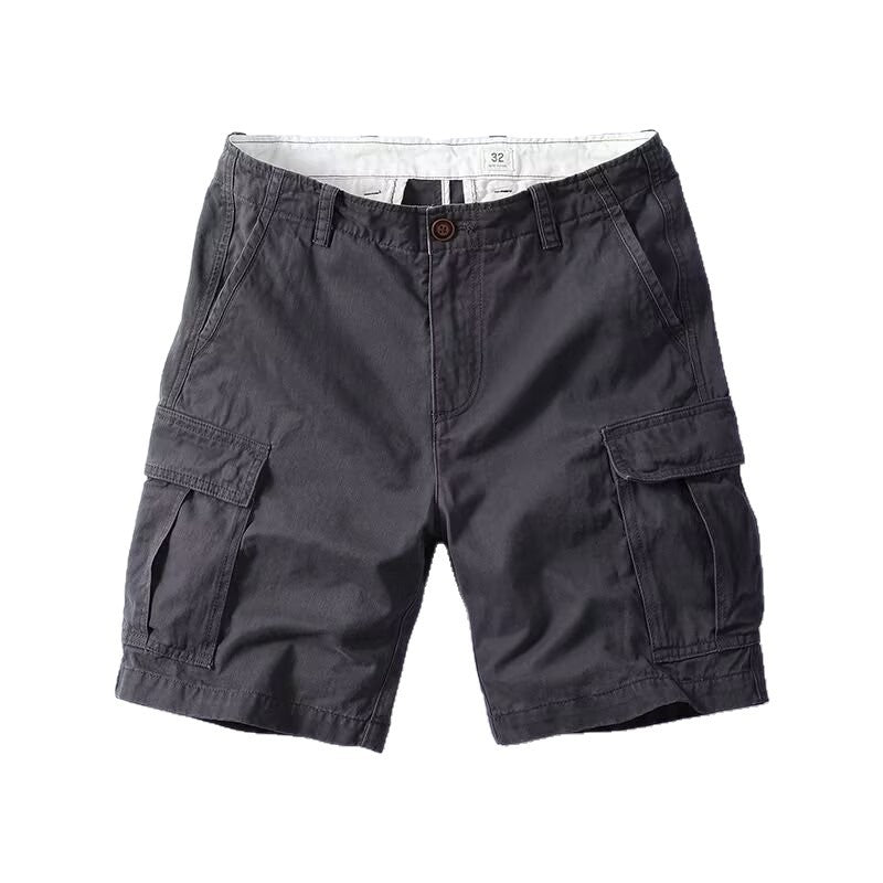 Dark gray cargo shorts on a white background