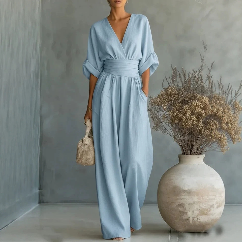 V Neck Wide Leg Jumpsuit – Short Sleeve Elegant Summer Casual Women Outfit