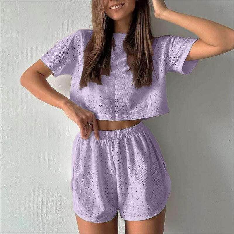 Woman wearing light purple eyelet short set, trendy loungewear from ZA-Zola UK fashion