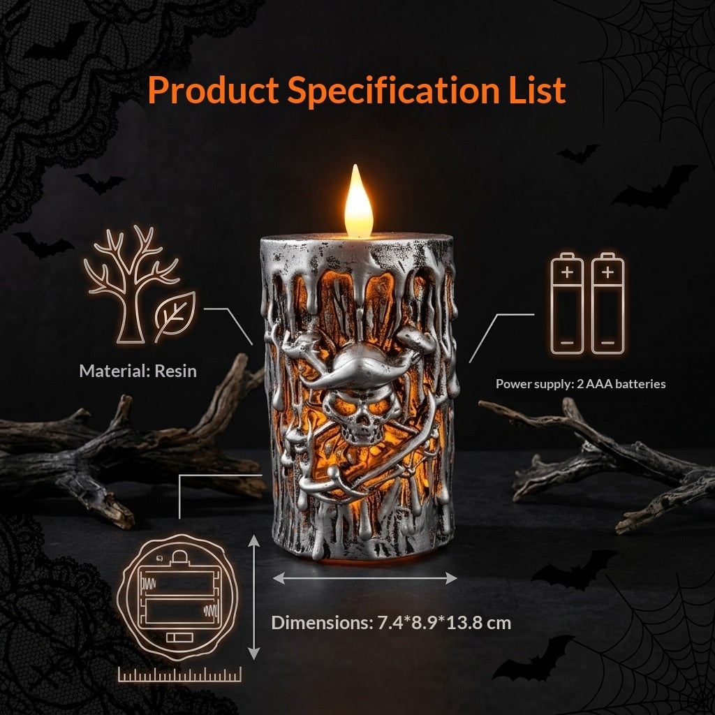 A cylindrical resin candle with a skull and crossbones design, shown lit on a dark Halloween-themed background with measurement callouts and icons for material and battery power.