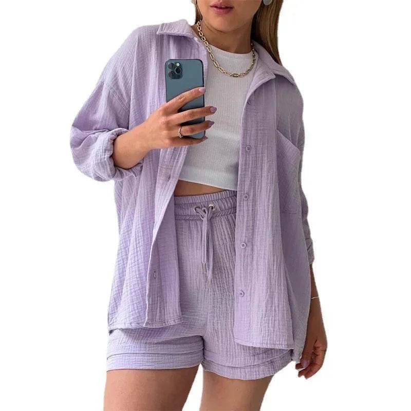 Woman wearing a light purple lounge set and white crop top, trendy ZA-Zola UK fashion