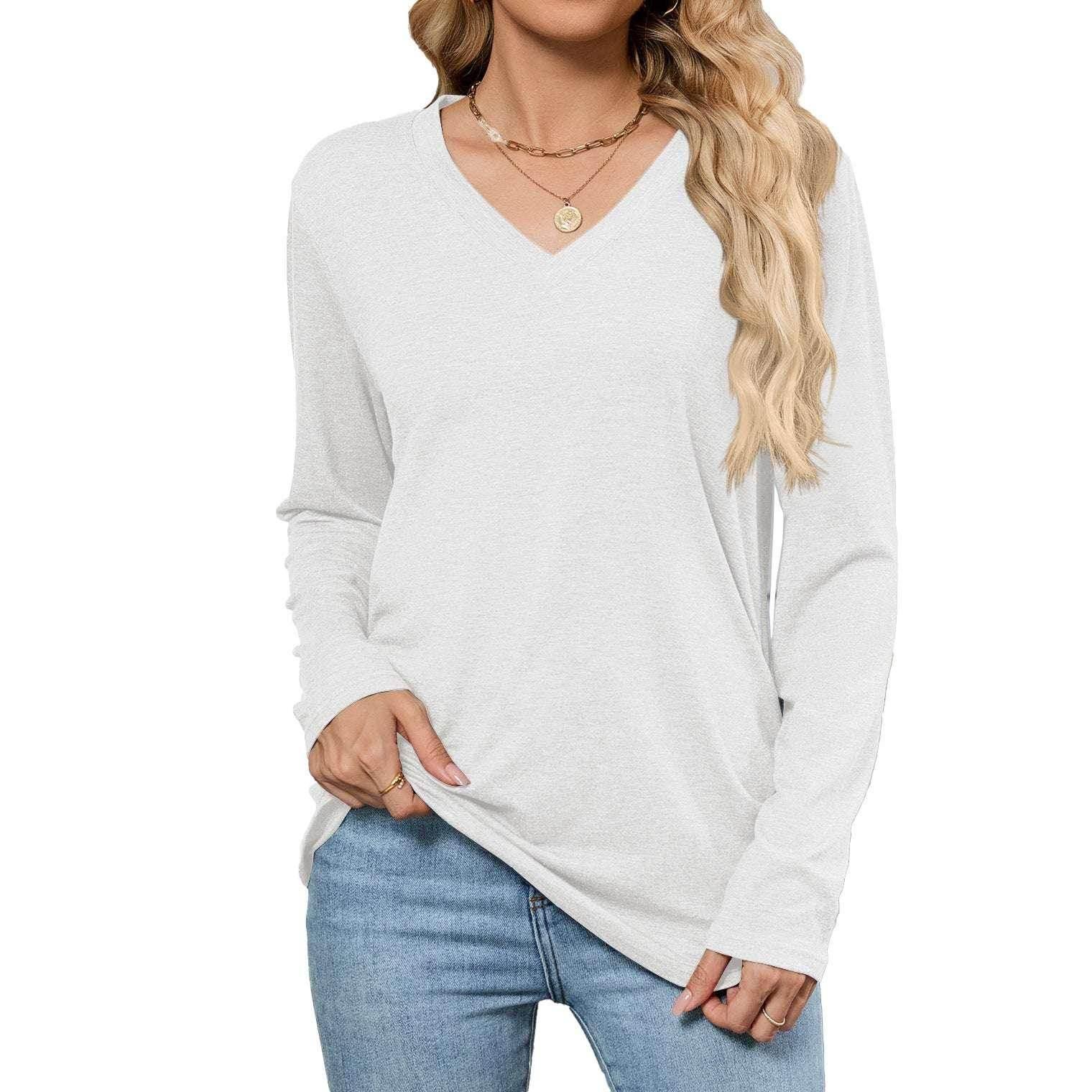 Loose V-Neck Pullover Long Sleeve T-Shirt - ZA-Zola