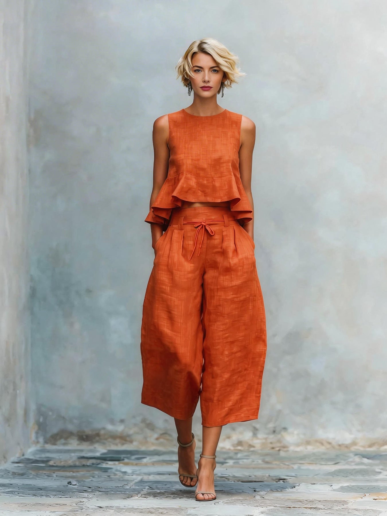 Woman wearing an orange outfit against a textured wall.