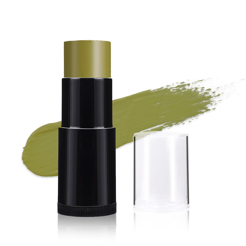 Cosmetic stick with green color swatch on a white background
