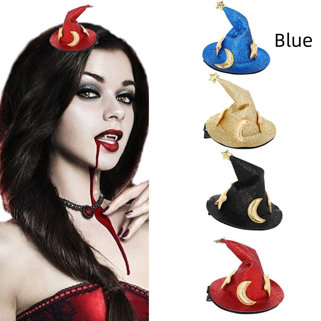 Woman with dark hair and red lipstick wearing a red witch hat, with additional witch hats in blue, gold, and black shown.