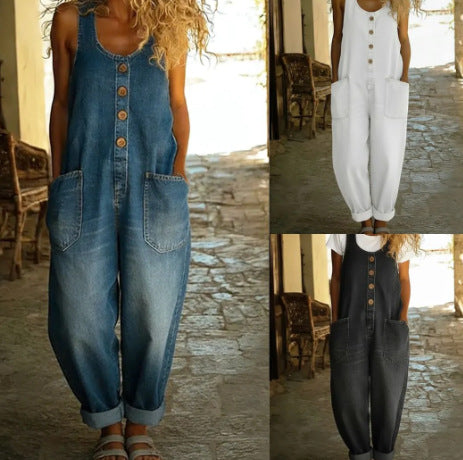 Collage of denim jumpsuit and white dress on a stone floor.