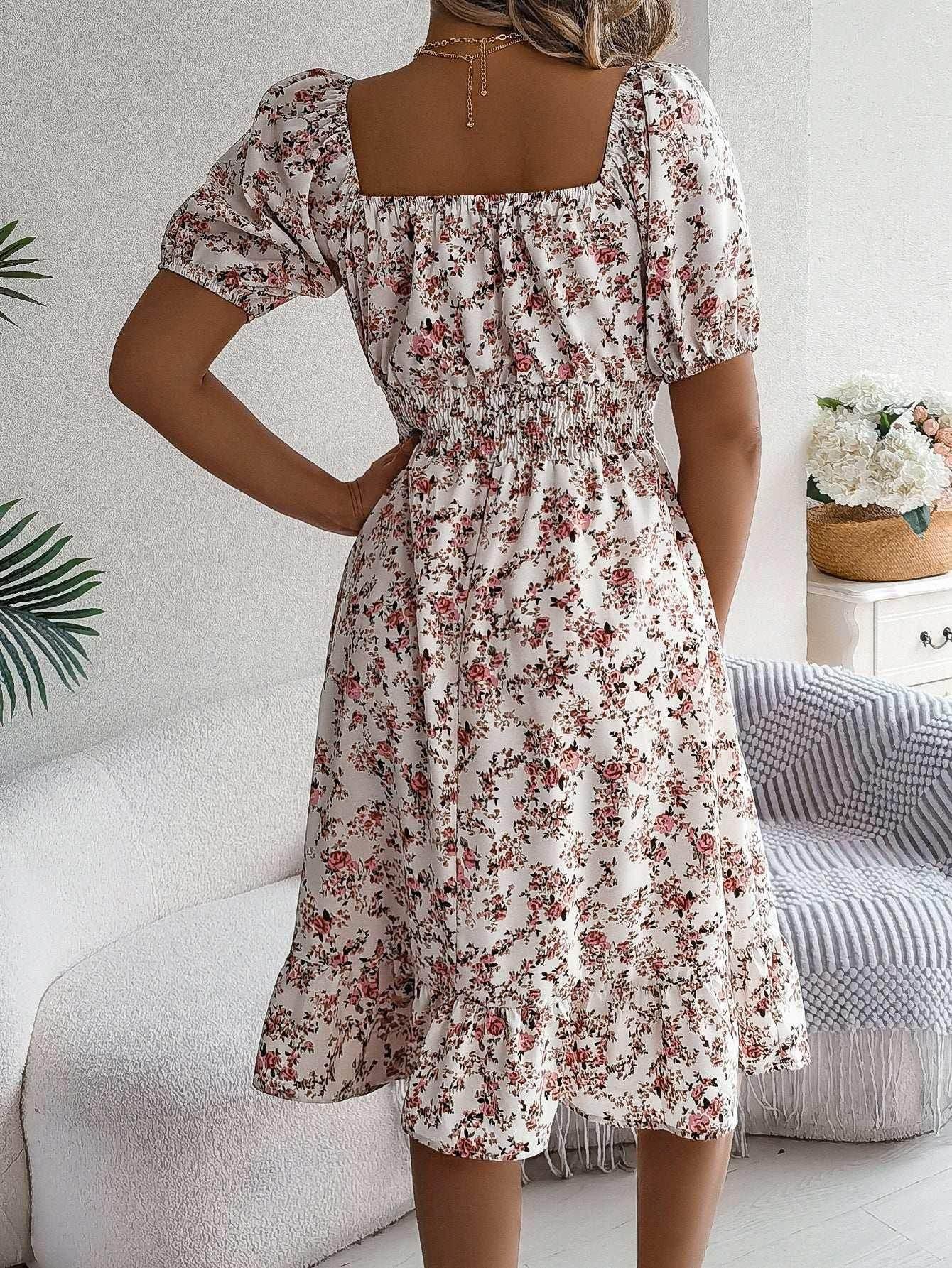 Floral Print Square Collar Ruffle Dress – Summer Fashion - ZA-Zola