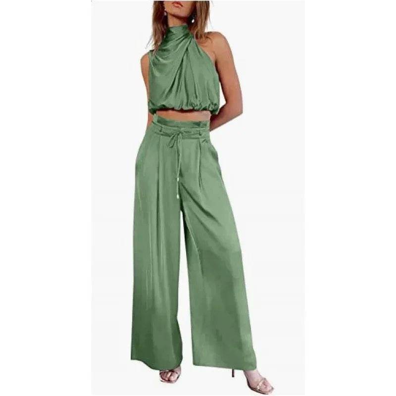 Woman in sage green halter crop top and wide-leg pants set, chic ZA-Zola UK fashion