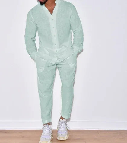 Men Linen Lounge Suit Long Sleeve Shirt & Trousers - ZA-Zola