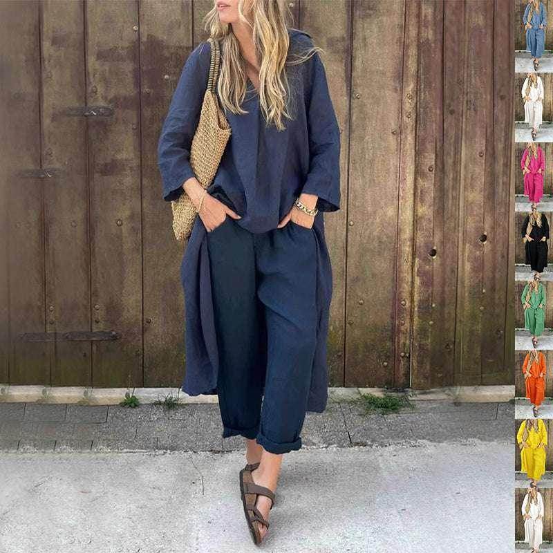 Loose V-Neck Set With Pockets – 2pcs Suit - ZA-Zola