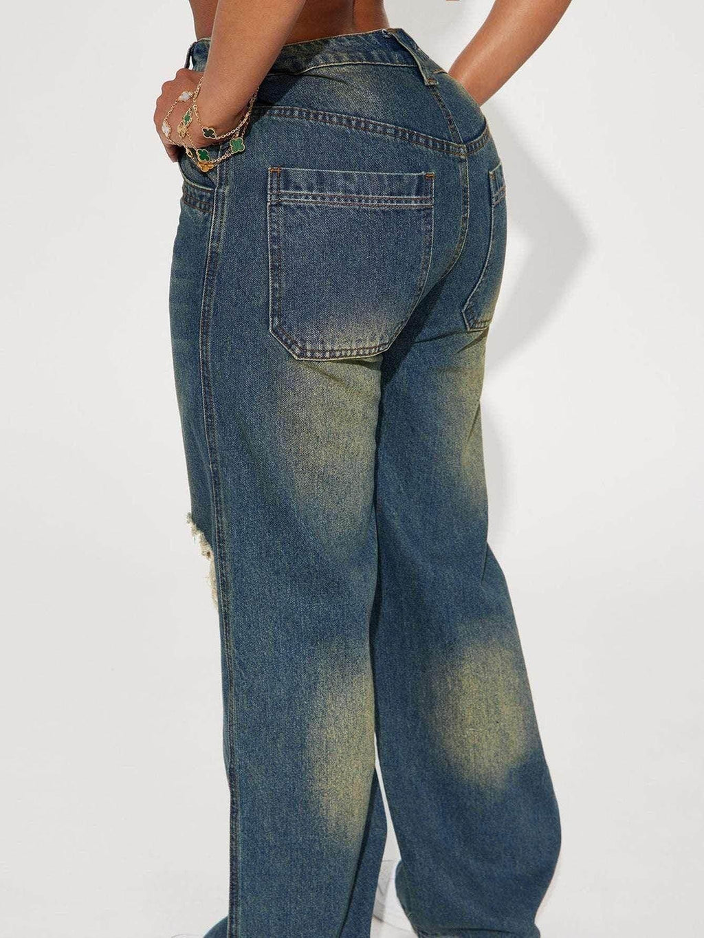 Ripped Sea Blue Wide-Leg Retro Jeans - ZA-Zola
