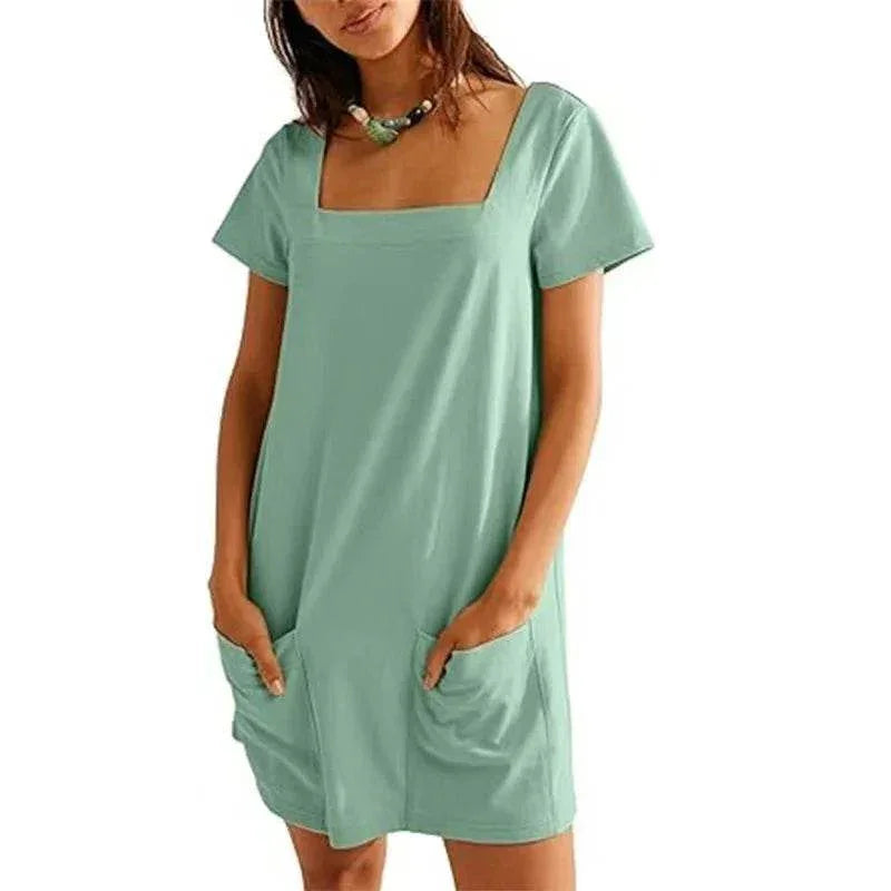 Square Collar Casual Short Dress with Pockets - ZA-Zola