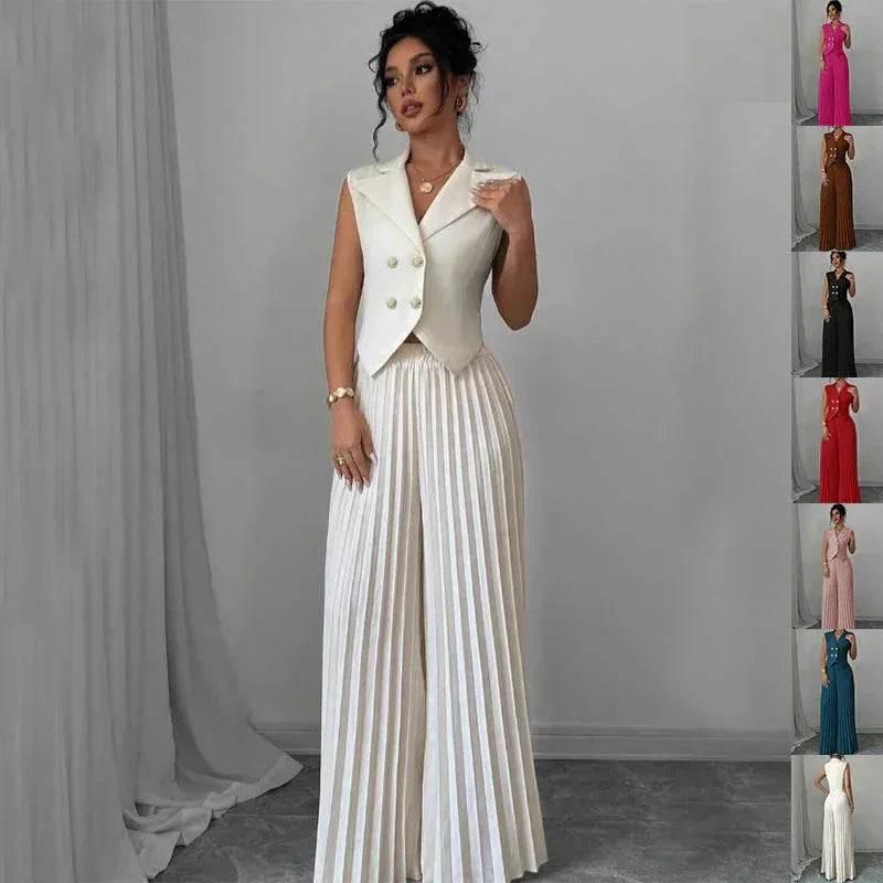 Woman modeling sleeveless white vest and pleated wide-leg pants, ZA-Zola fashion, UK