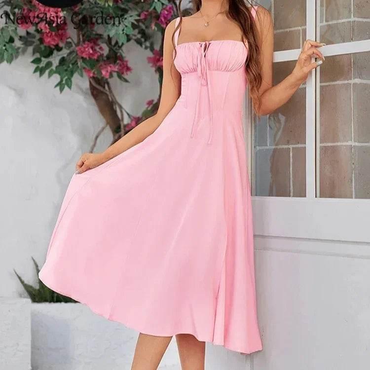 Elegant Lace-Up Mid Dress with Corset & Side Slit - ZA-Zola