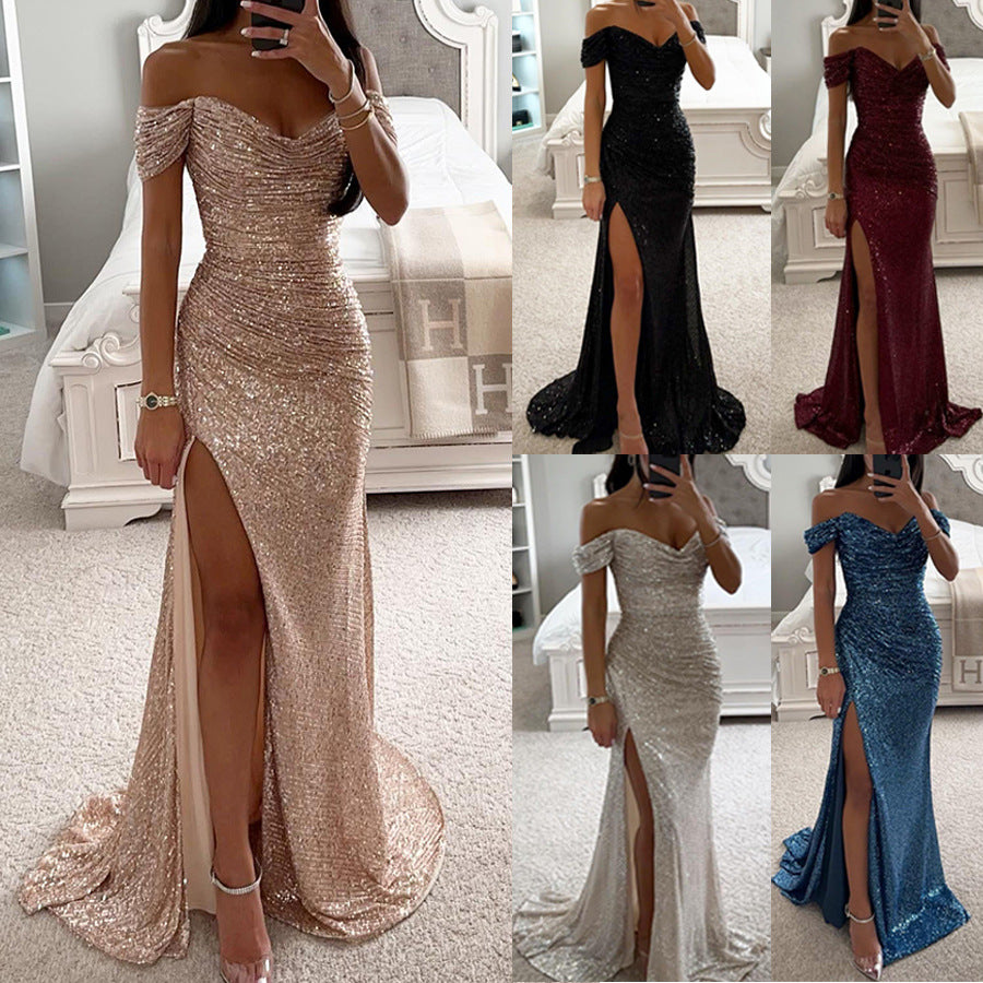 Collage of women wearing various evening gowns with off-shoulder designs and high slits.