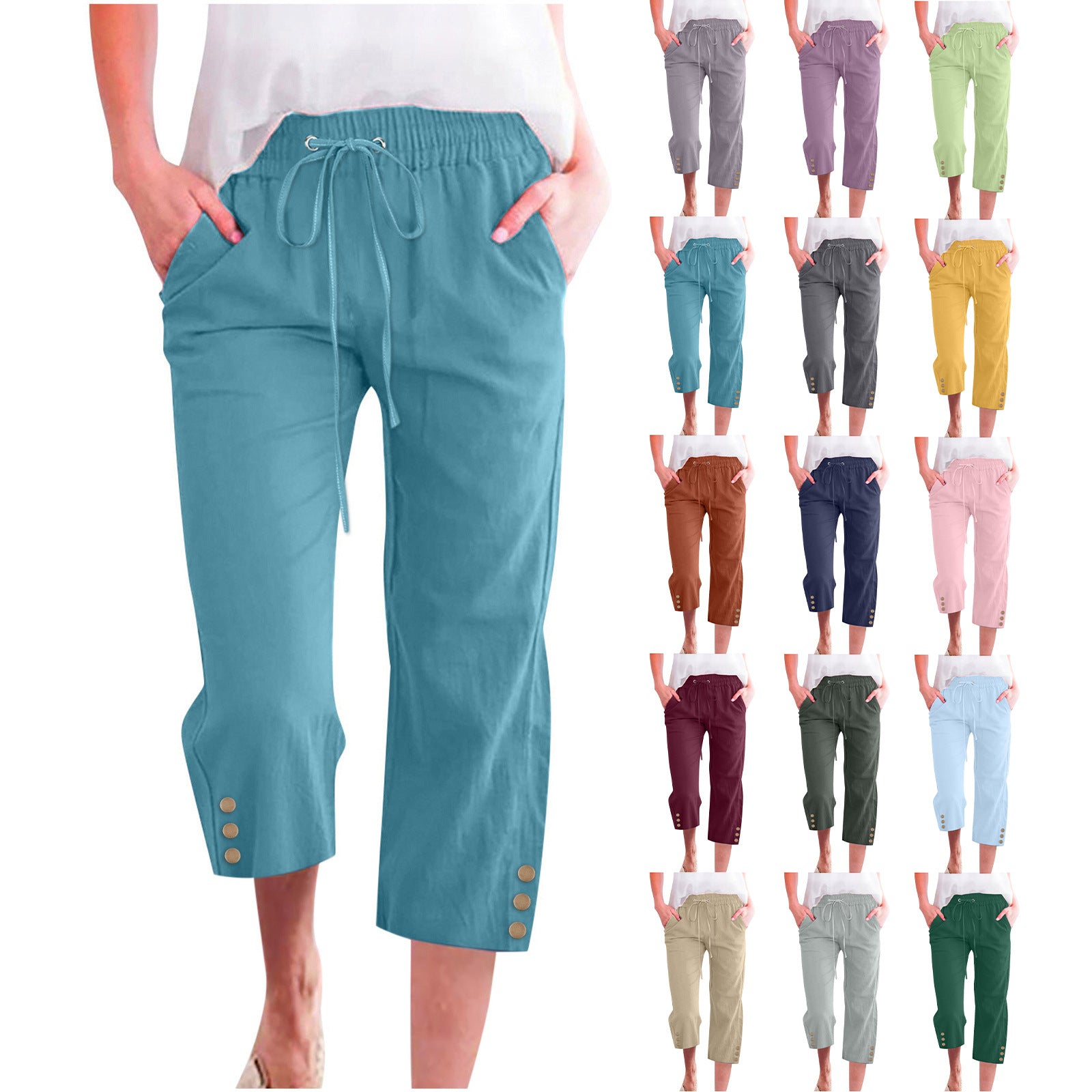 Collection of women's capri pants in various colors on a white background