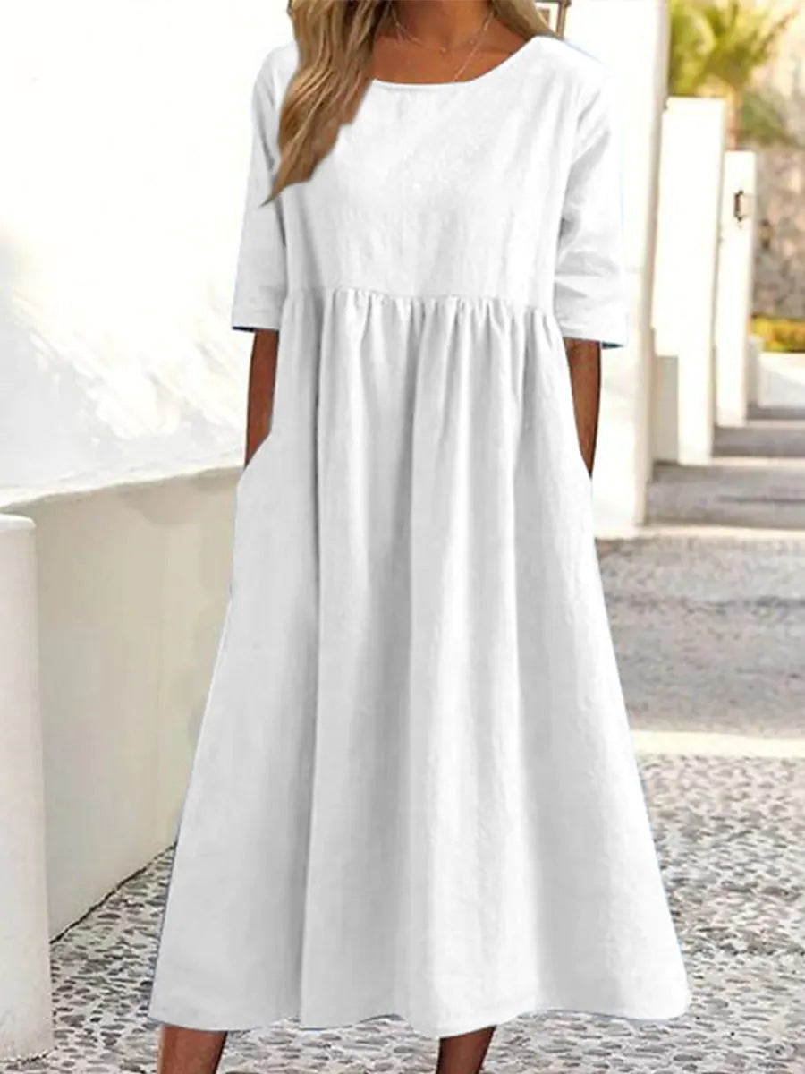 Women’s Casual Cotton Linen Short Sleeve Pocket Dress
