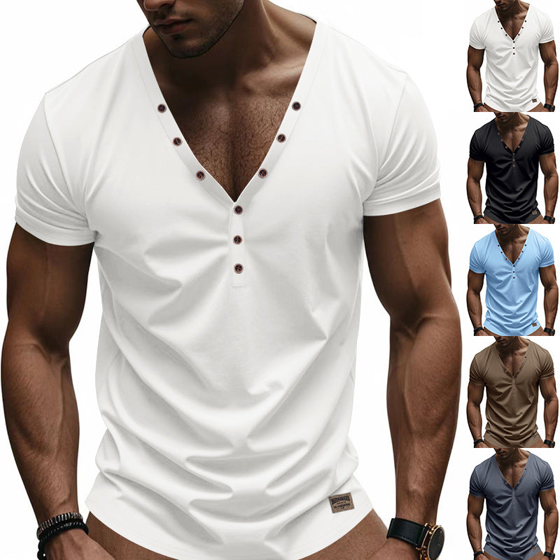 White V-neck t-shirt with button details worn by a model, displayed against a white background.