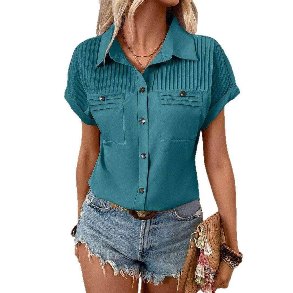 Pleated Pocket Lapel Short Sleeve Top for Women - ZA-Zola