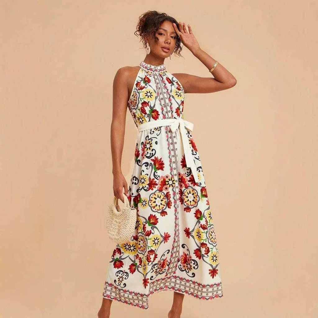 Floral Lace-Up Sleeveless Mid-Length Dress - ZA-Zola