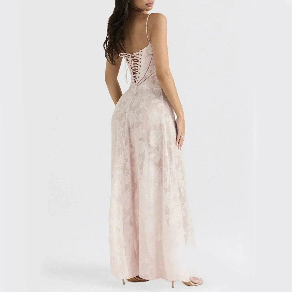 Sexy Flowers Lace Suspender Dress – Backless Lace-Up Elegance - ZA-Zola