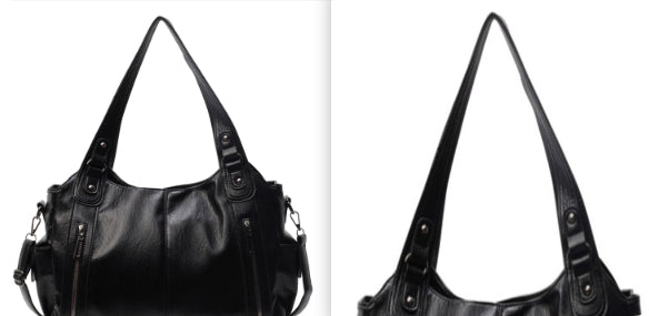 Black handbag shown from front and side views on a white background