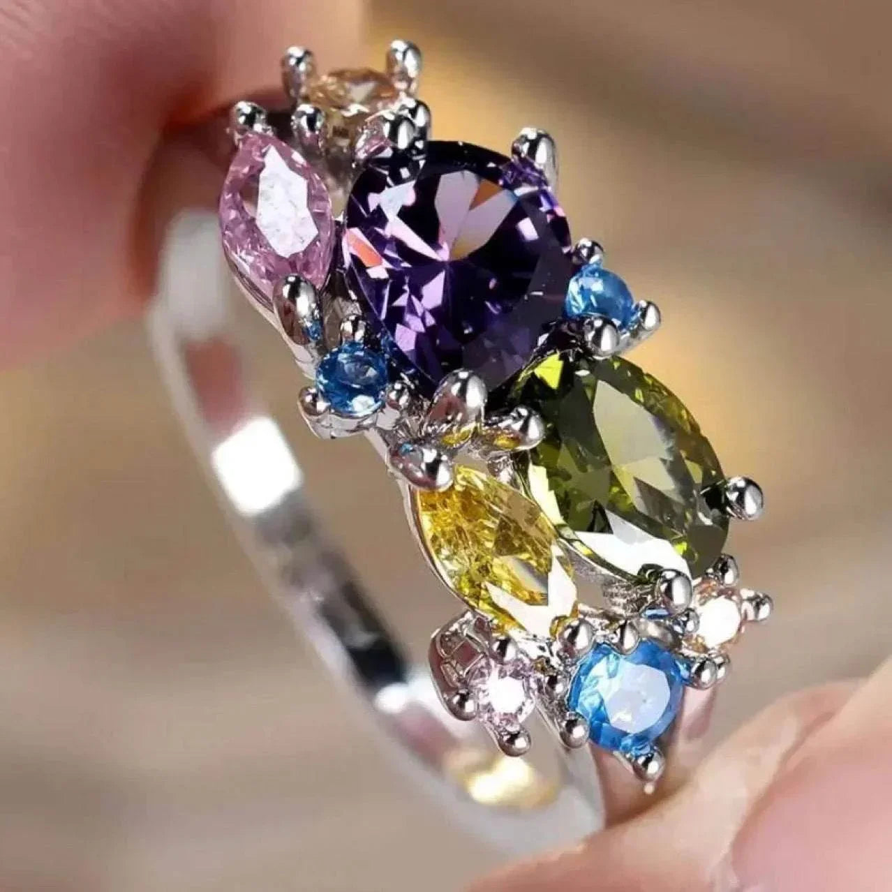 S925 Dopamine Colorful Flower Zircon Ring - ZA-Zola
